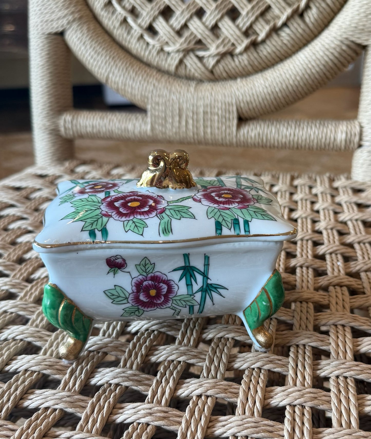 Floral Bamboo Footed Box with Lid