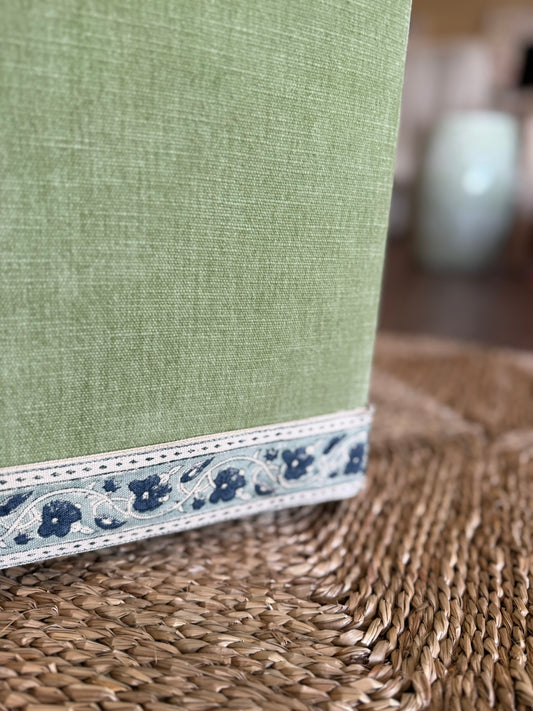 Kate Figler Home Mini Cube Ottoman in Green Performance Velvet with Schumacher Trim