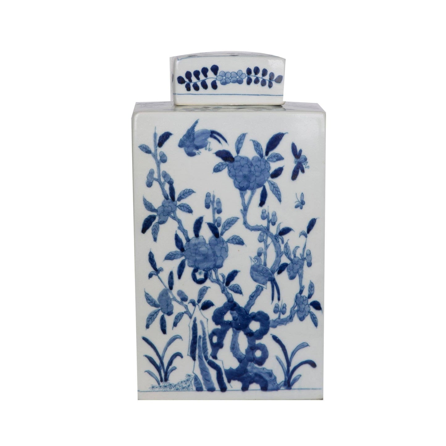 Blue and White Square Tea Jar Bird Floral Motif