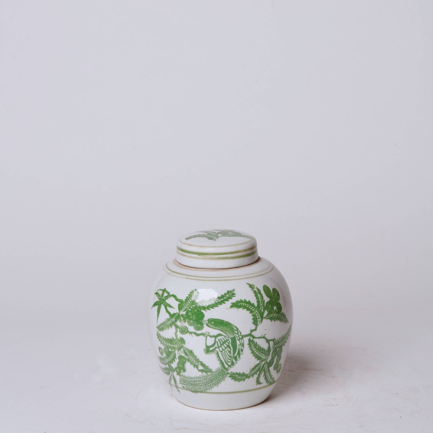 Green and White Porcelain Bird and Flower Round Jar