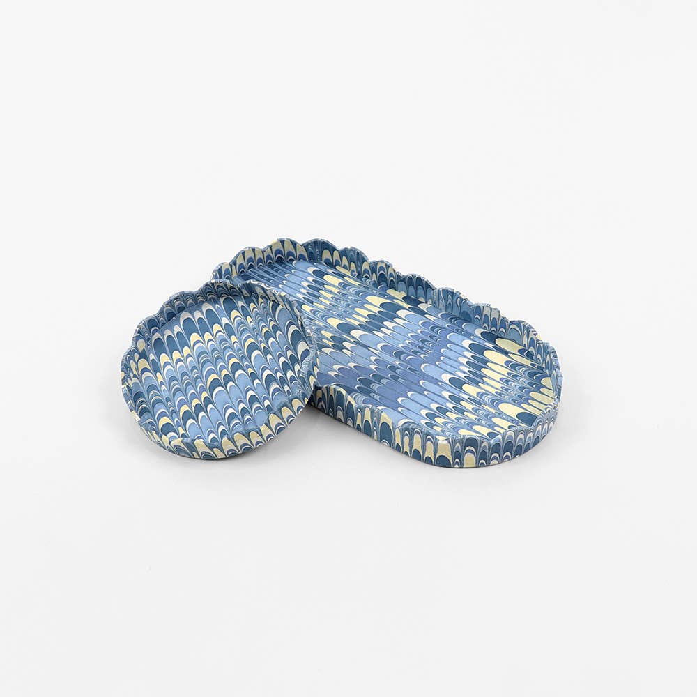 Round Scalloped Tray Set - Marbled Blue