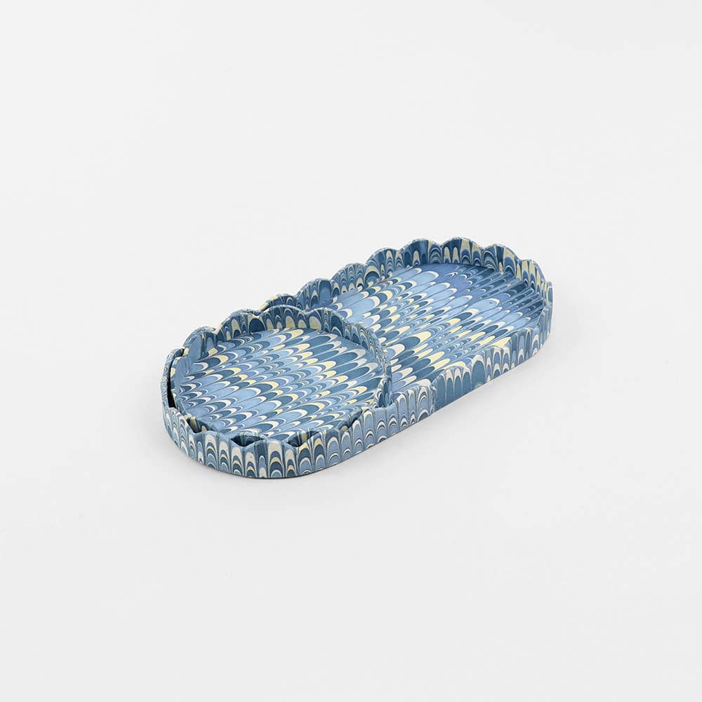 Round Scalloped Tray Set - Marbled Blue