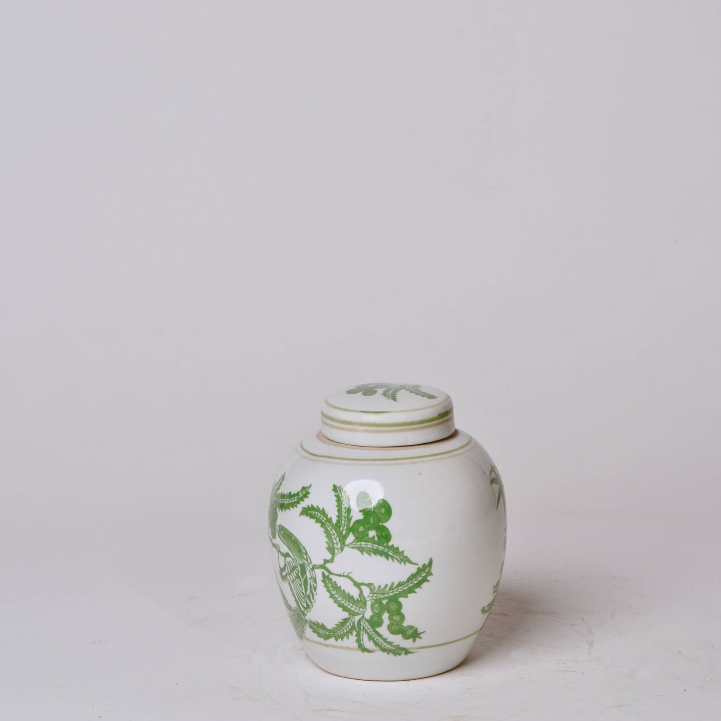Green and White Porcelain Bird and Flower Round Jar