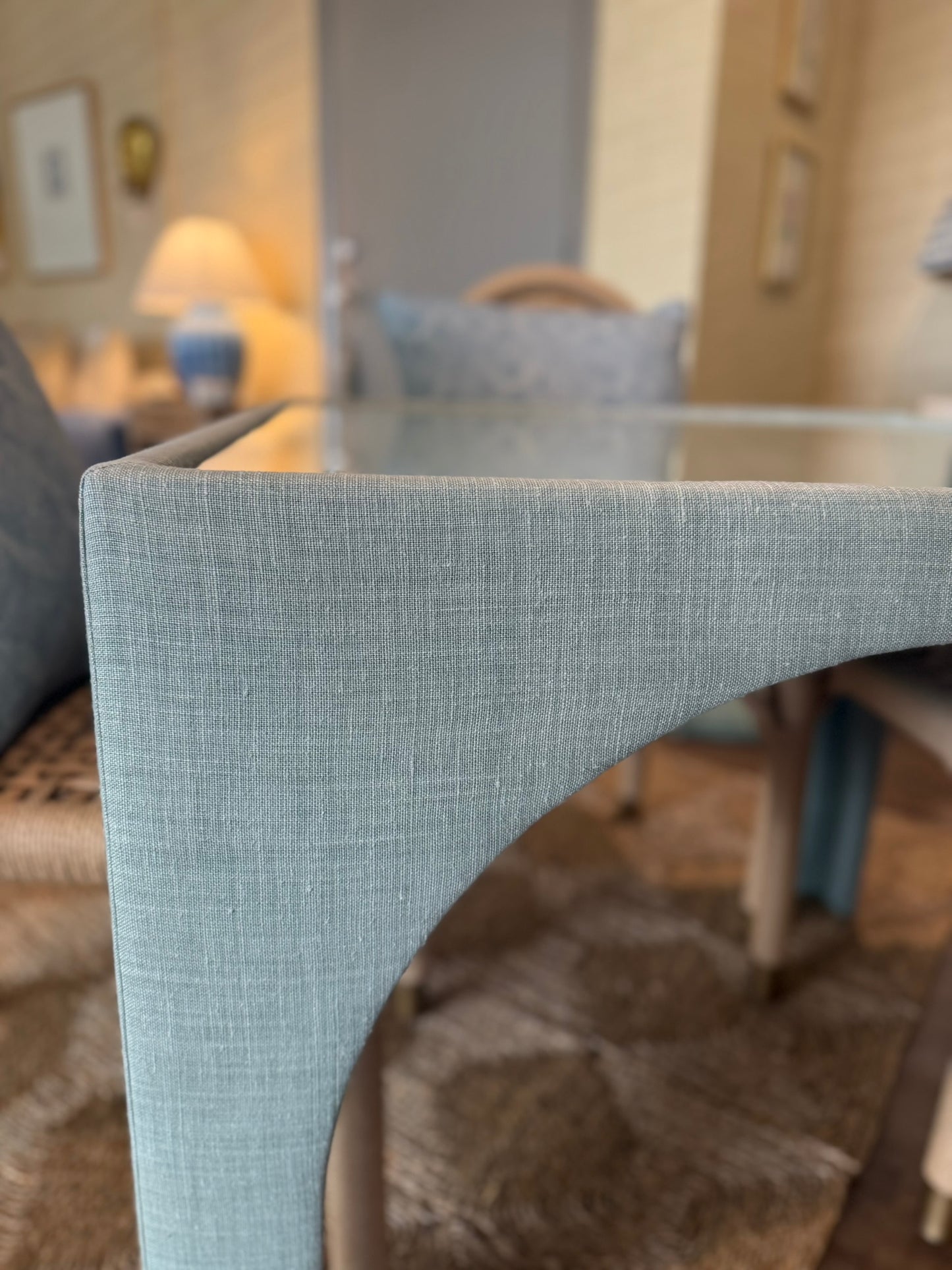 Game Table in Mint Green Performance Fabric with Glass Top