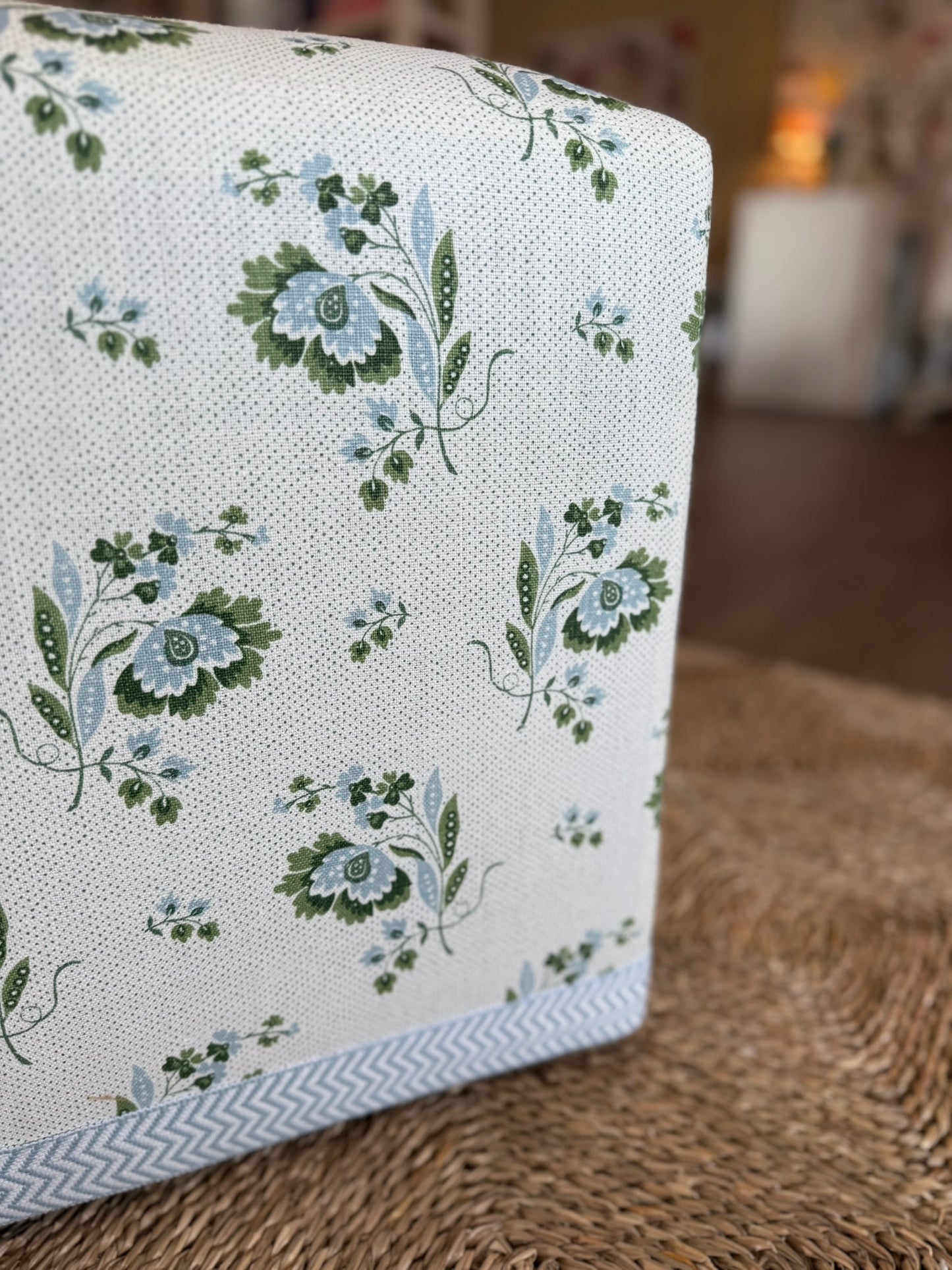 Kate Figler Home Mini Cube Ottoman in Alice Sergeant Zahra Fabric and Holland & Sherry Trim