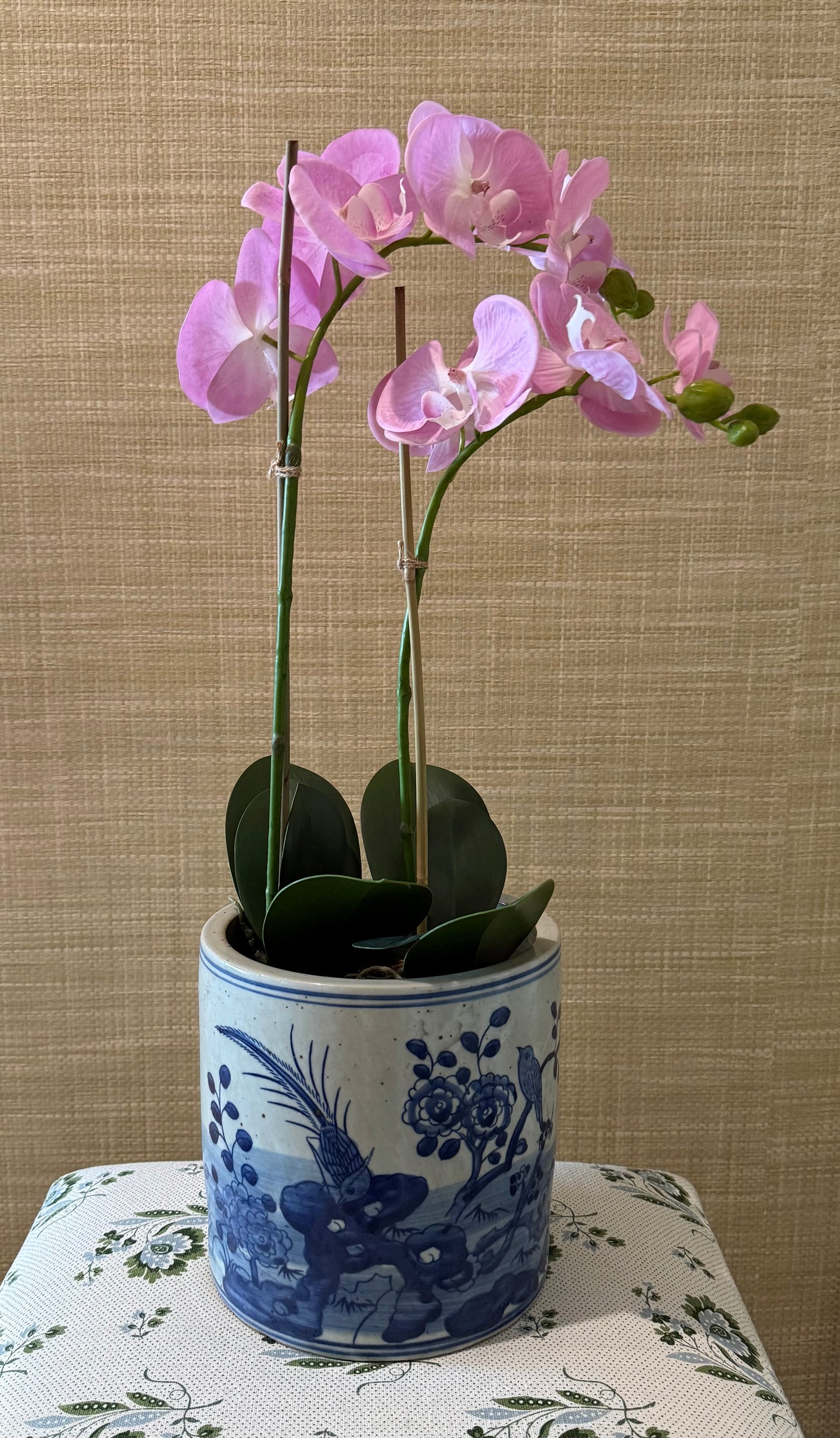 Pink Faux Orchid in Blue and White Pot