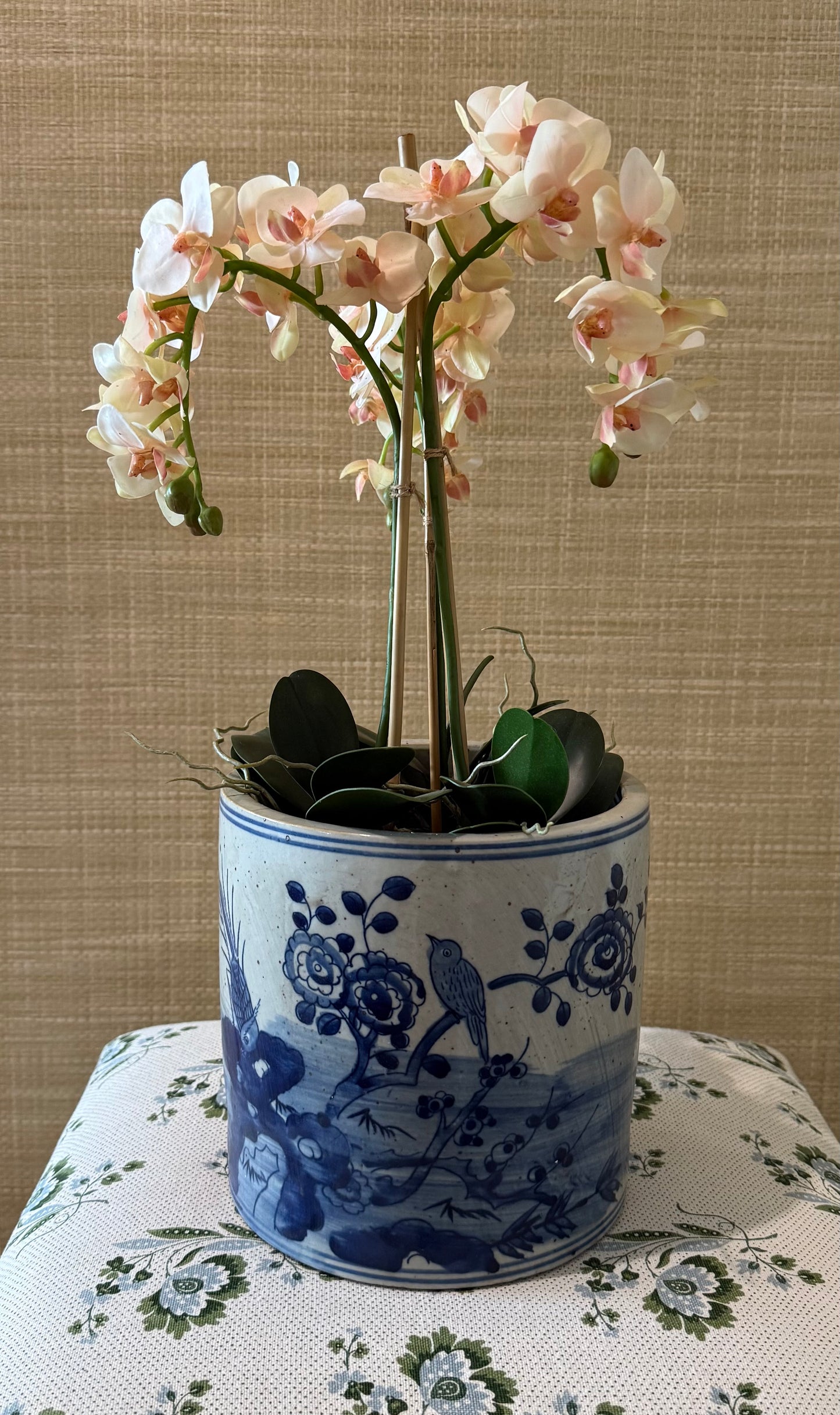 Coral Faux Orchid in Blue and White Pot