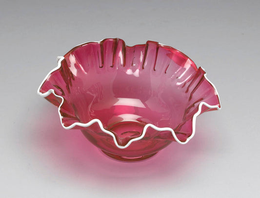 Crimped Edge Glass Brides Bowl with White Trim: Pink