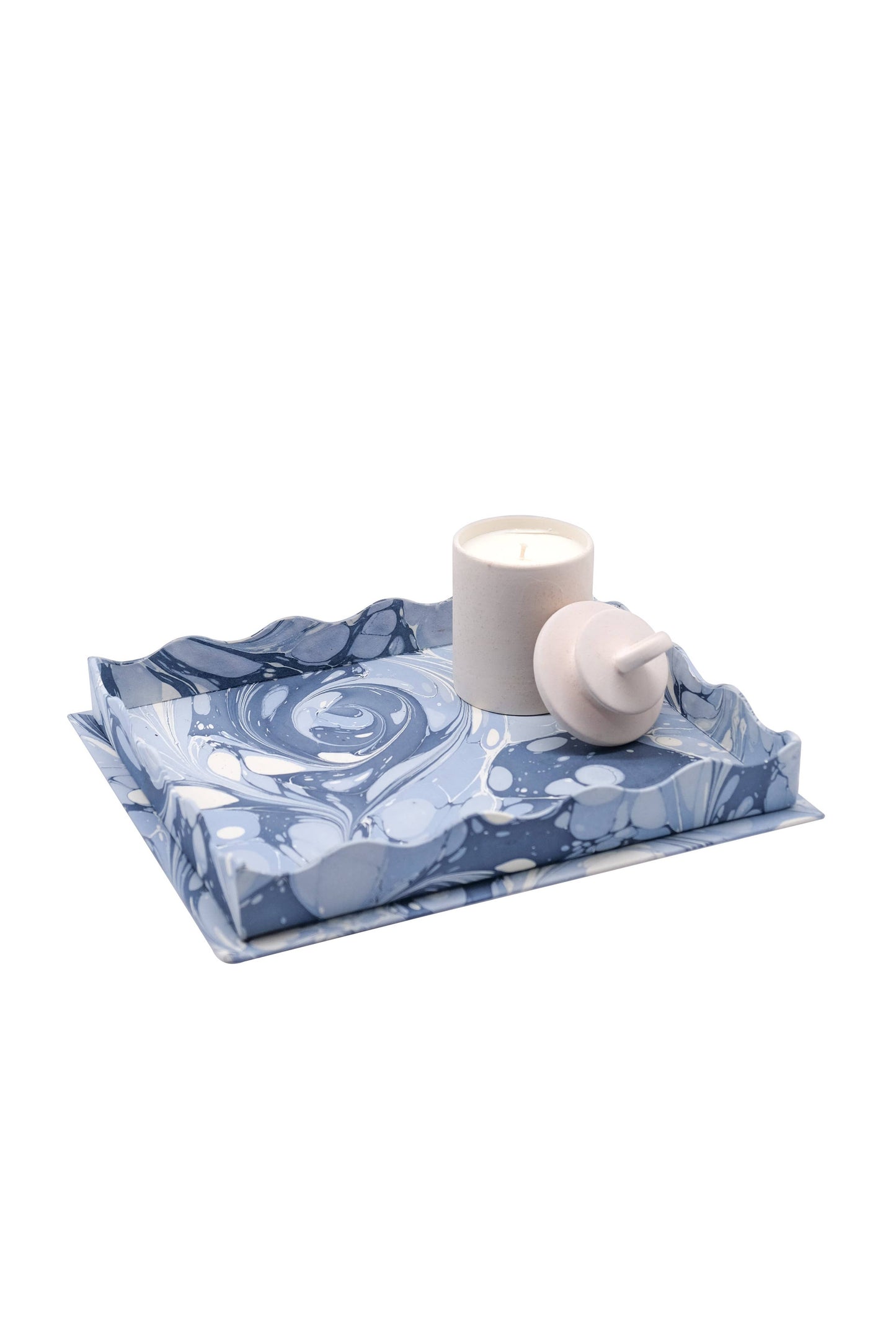 Nesting Scalloped Hand-Marbled Trays in Ocean Wave: Set of 2