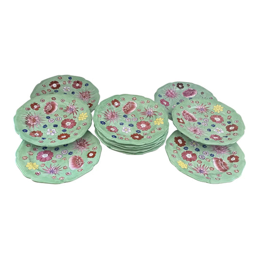 Mid 20th Century Hand-Painted Italian Ceramic Flower Dinner Plates- Set of 10