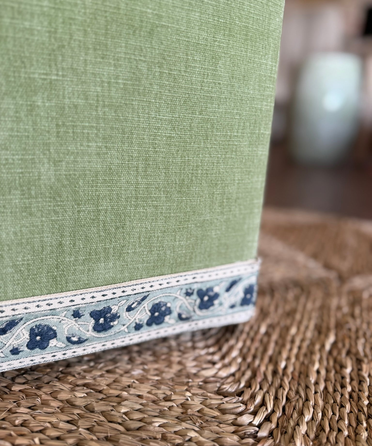 Kate Figler Home Mini Cube Ottoman in Green Performance Velvet with Schumacher Trim