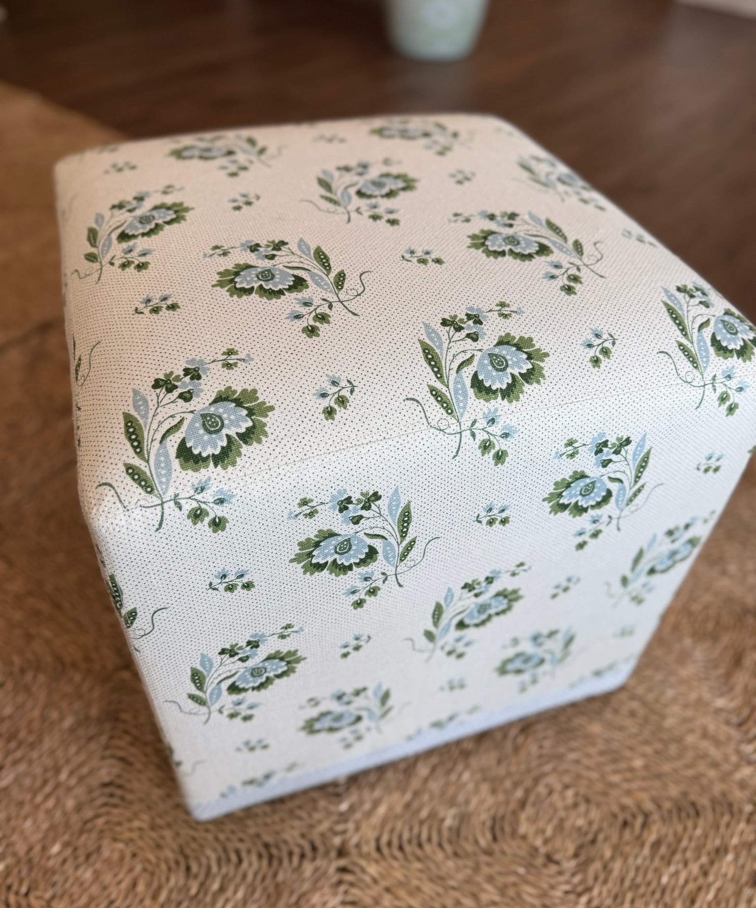 Kate Figler Home Mini Cube Ottoman in Alice Sergeant Zahra Fabric and Holland & Sherry Trim