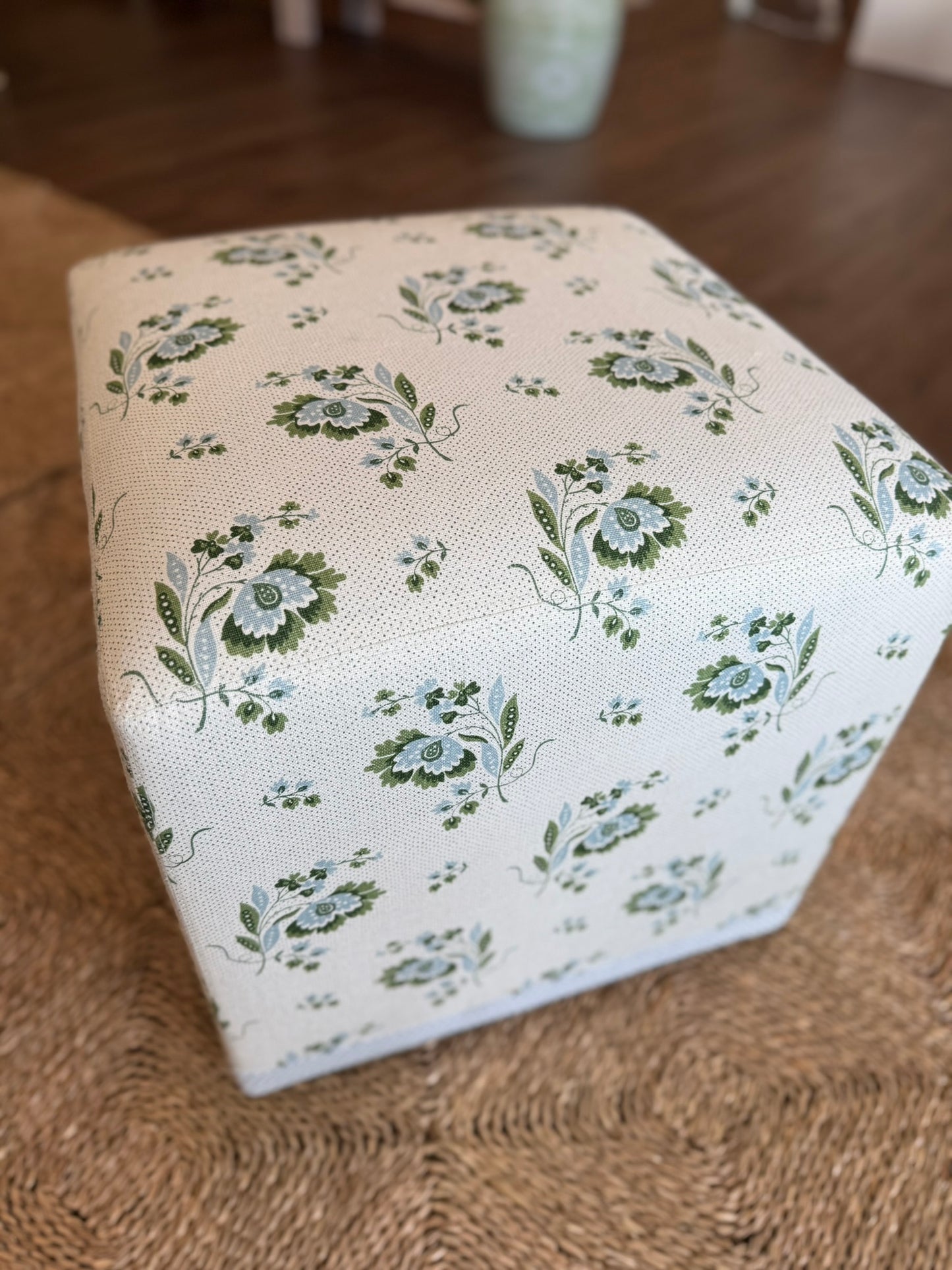 Kate Figler Home Mini Cube Ottoman in Alice Sergeant Zahra Fabric and Holland & Sherry Trim