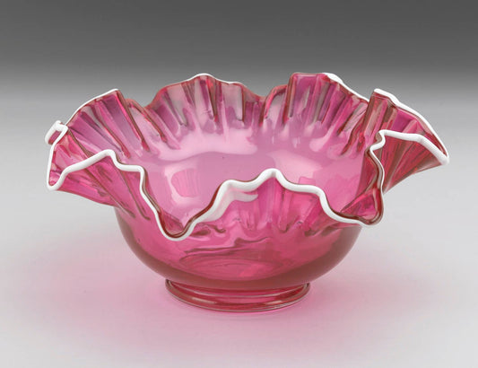 Crimped Edge Glass Brides Bowl with White Trim: Pink