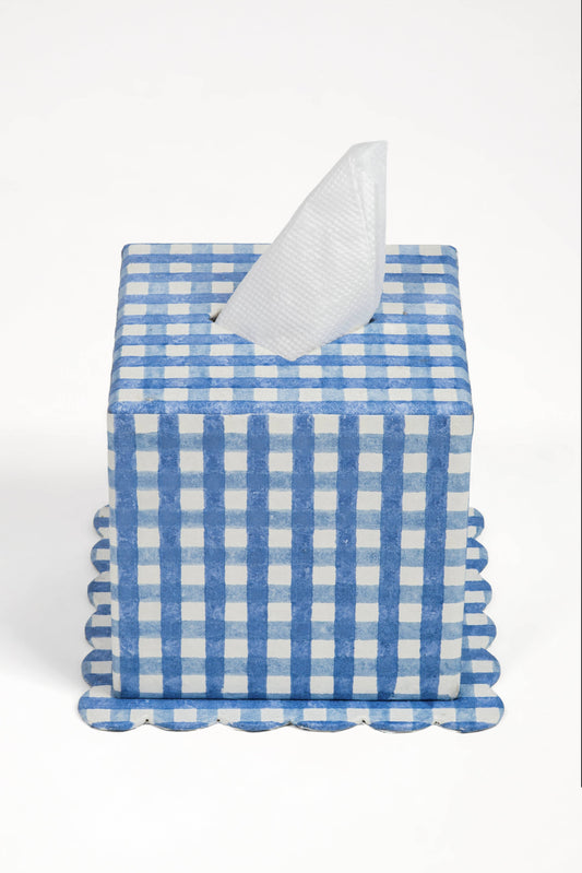 Blockprint Tissue Box Cover in Blue Gingham