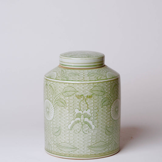 Deco Peony Green and White Porcelain Canister