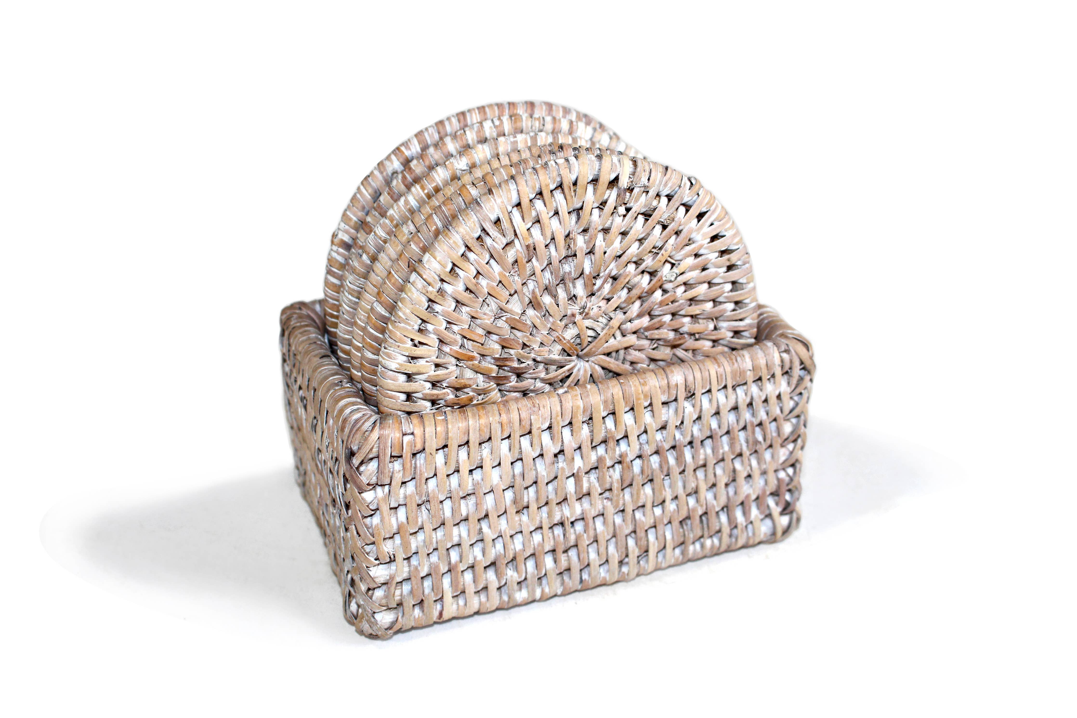 Round Coaster Box Set of 6, Whitewashed Rattan