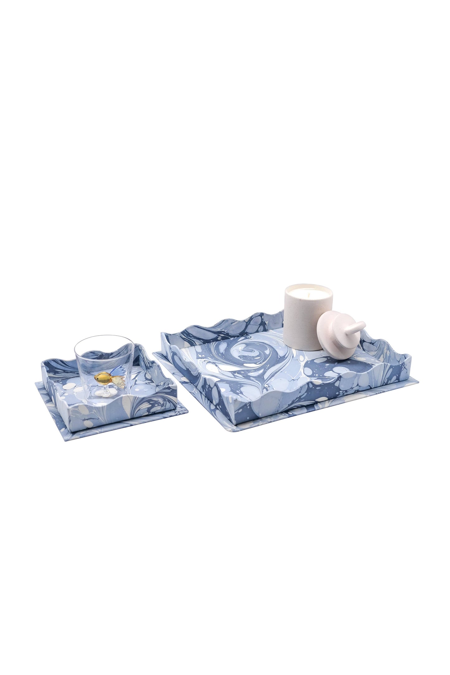 Nesting Scalloped Hand-Marbled Trays in Ocean Wave: Set of 2