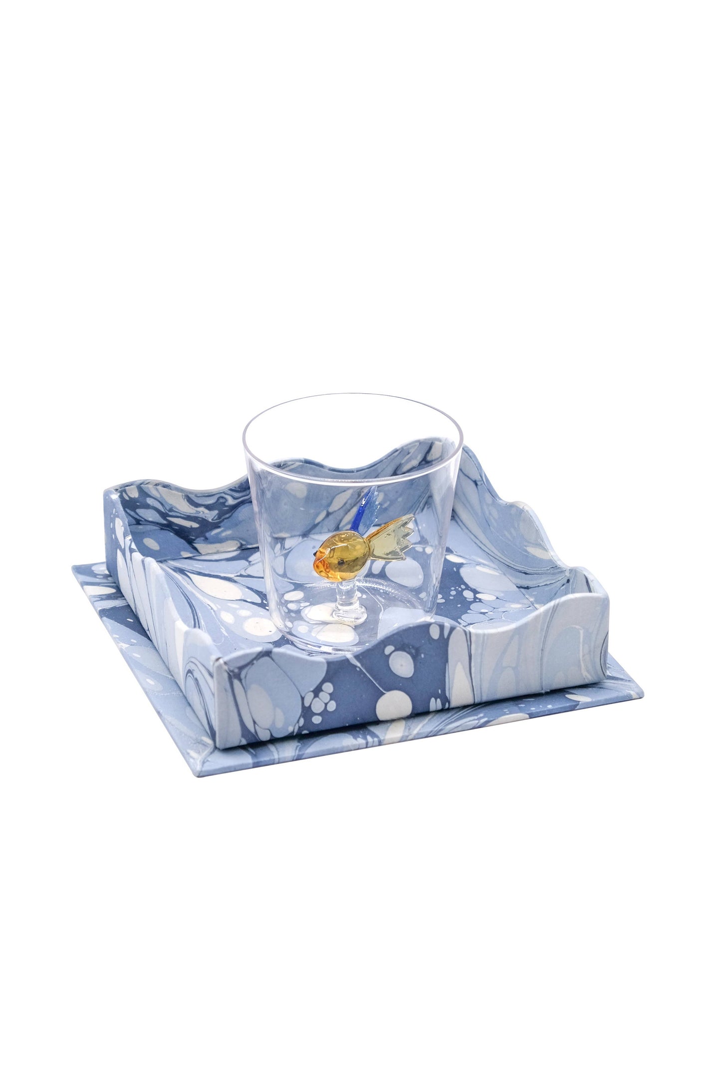 Nesting Scalloped Hand-Marbled Trays in Ocean Wave: Set of 2
