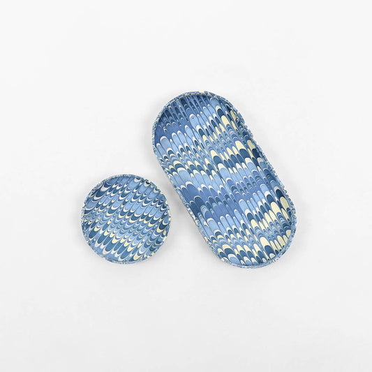 Round Scalloped Tray Set - Marbled Blue