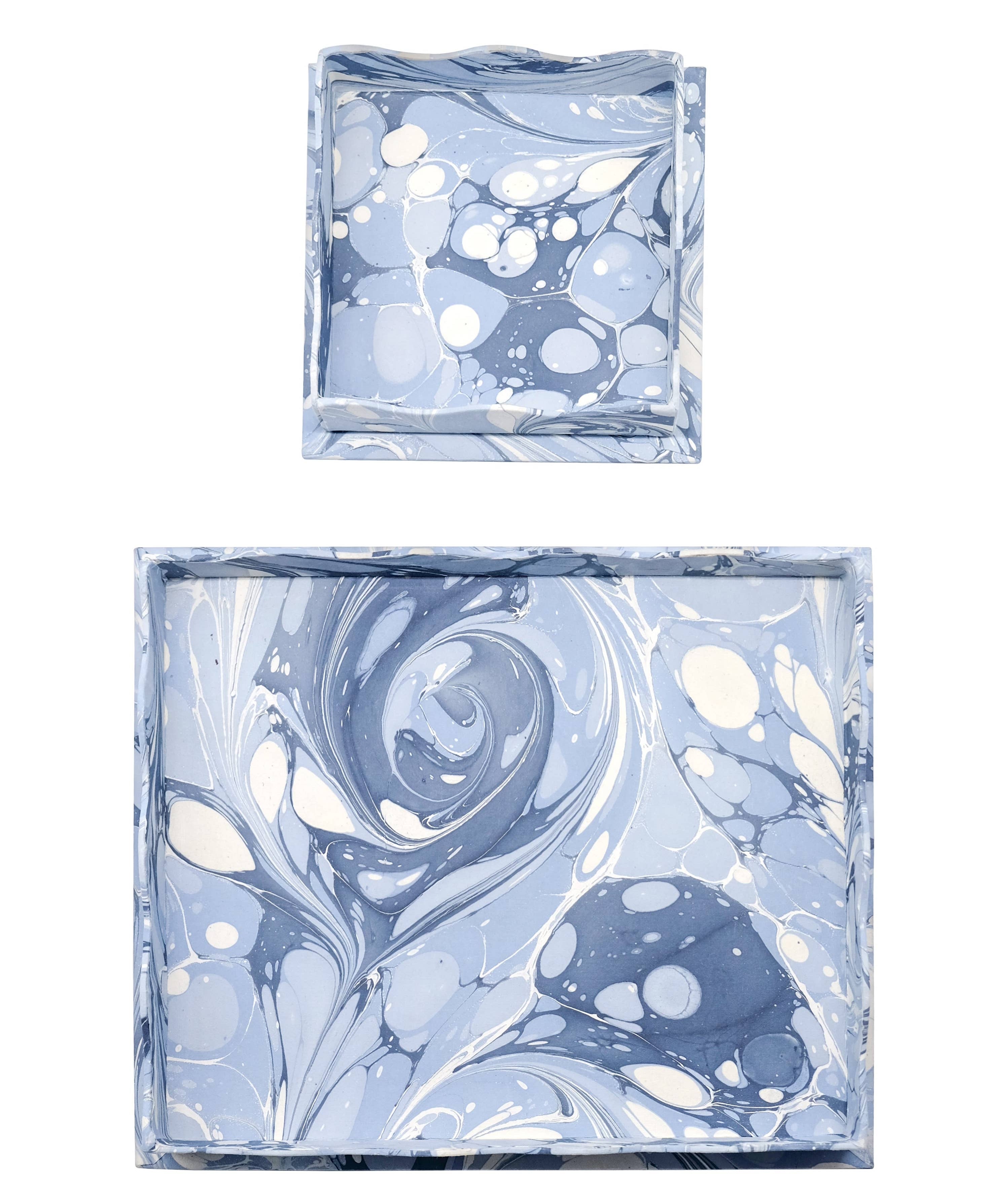 Nesting Scalloped Hand-Marbled Trays in Ocean Wave: Set of 2