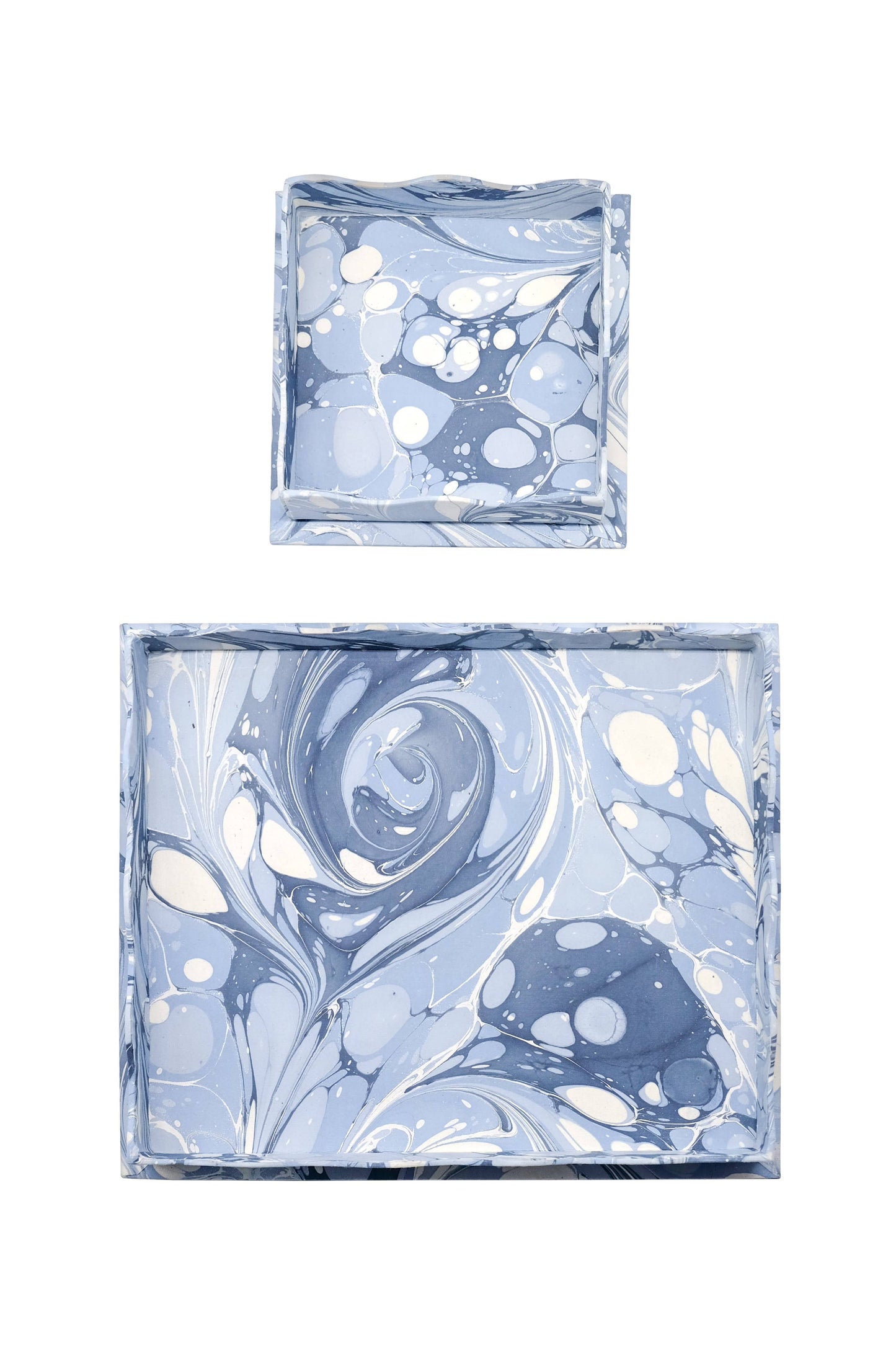 Nesting Scalloped Hand-Marbled Trays in Ocean Wave: Set of 2