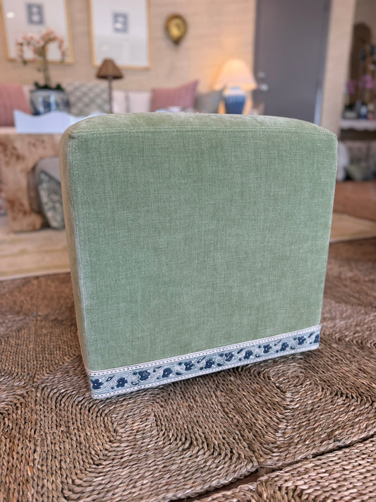 Kate Figler Home Mini Cube Ottoman in Green Performance Velvet with Schumacher Trim