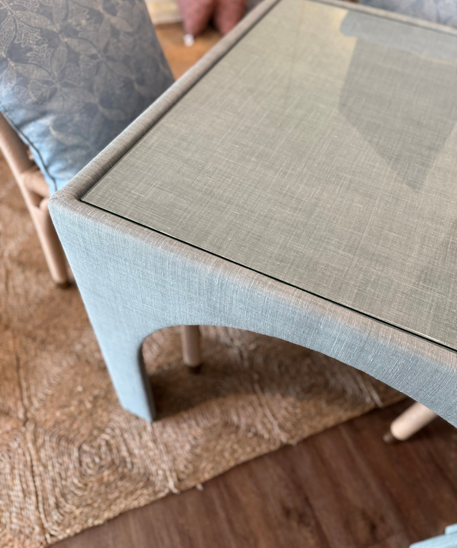 Game Table in Mint Green Performance Fabric with Glass Top