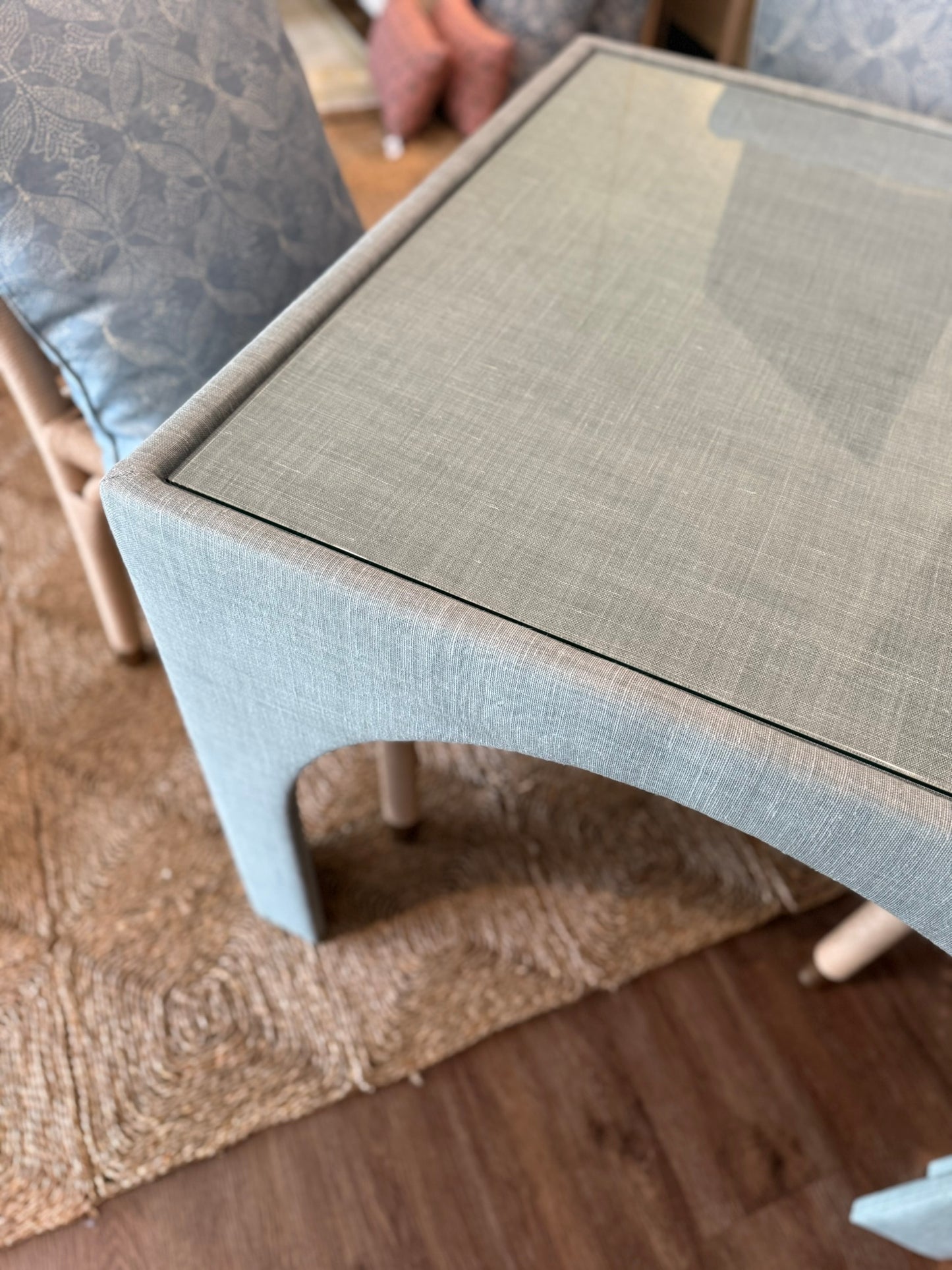 Game Table in Mint Green Performance Fabric with Glass Top
