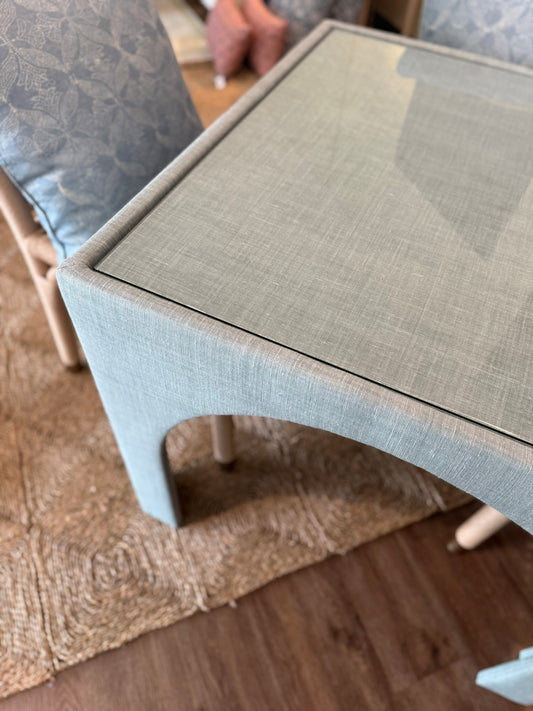 Game Table in Mint Green Performance Fabric with Glass Top