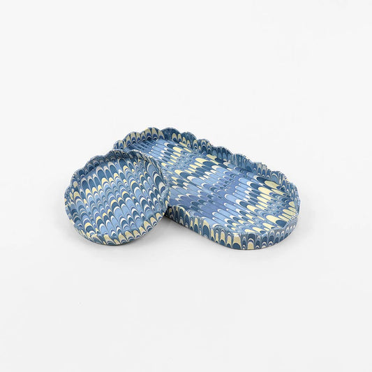 Round Scalloped Tray Set - Marbled Blue