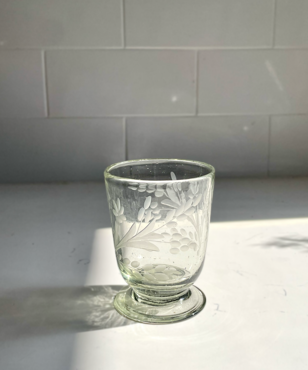 Hand-etched Blown Footed Glass: Water Glass