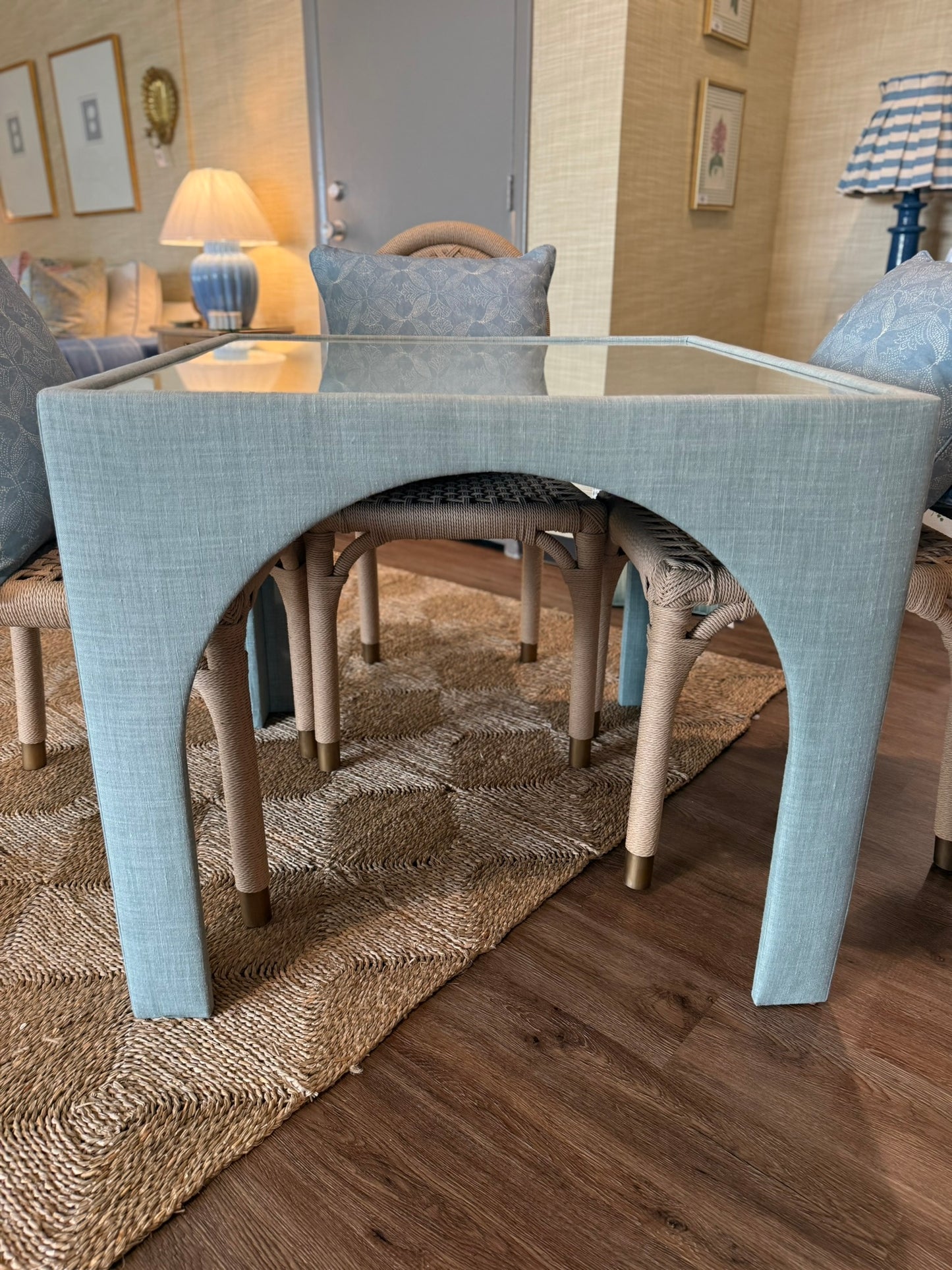 Game Table in Mint Green Performance Fabric with Glass Top