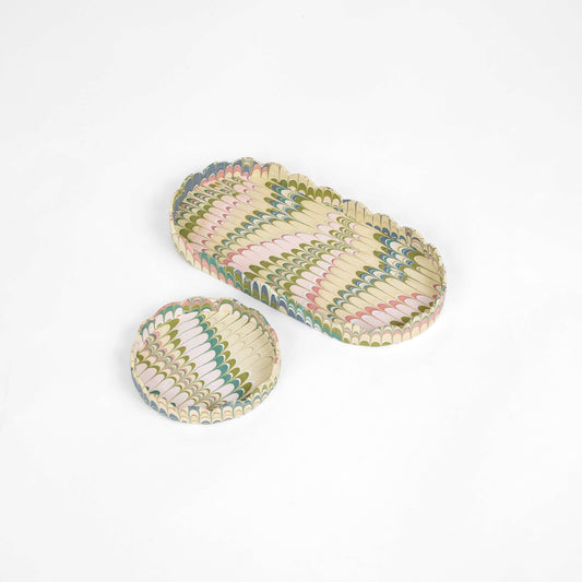 Marbled Round Scalloped Tray Set - Moss Mountain