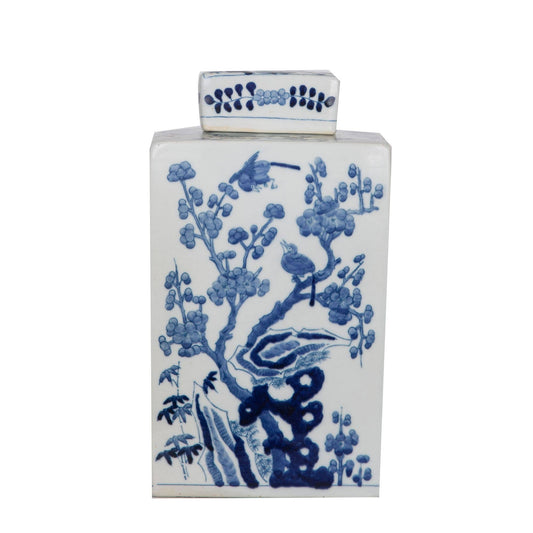 Blue and White Square Tea Jar Bird Floral Motif