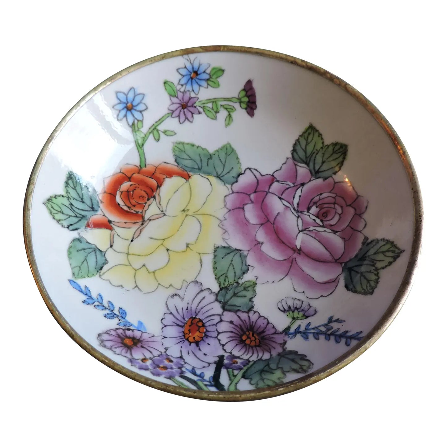Vintage Chinese Porcelain Brass Enclosed Hand Painted Floral Wall Hanging Bowl